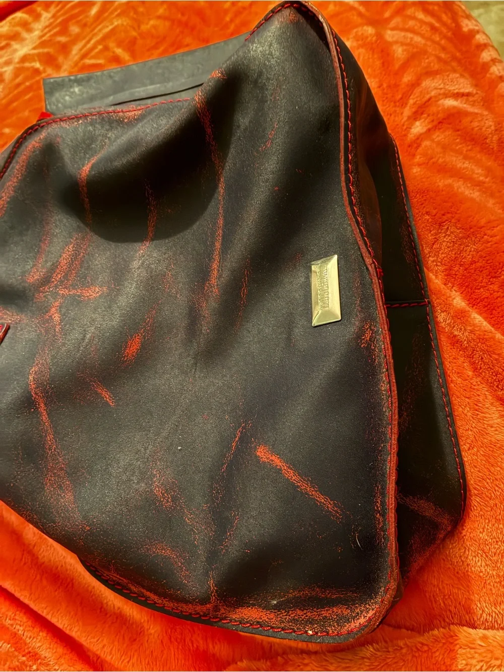 Moschino Black, blue red Leather Messenger Bag with Red Accents